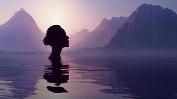 Silhouette of woman in serene lake at sunset amidst purple mountains, digital art photo
