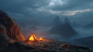 Camping tent glowing warmly on a misty mountain cliff at dusk photo