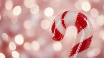 Close-up of a red and white candy cane with glitter on a blurred background photo