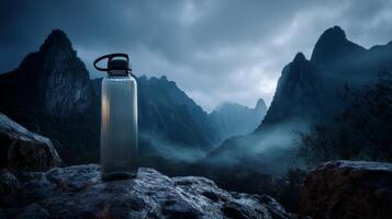 Water bottle on misty mountain with dramatic sky and rugged peaks at dusk photo