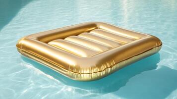 Golden inflatable float in clear pool water with sunlight reflections photo