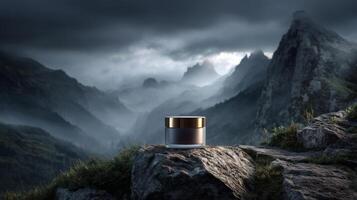 Cosmetic jar on rocky mountain at dusk under dramatic cloudy sky photo