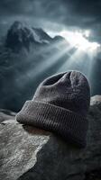 Gray beanie cap on rock with sun rays and mountains under cloudy sky photo