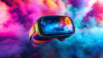 Virtual reality headset floating within vibrant clouds of pink and blue colors photo