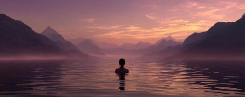 Solitary woman silhouette in lake during serene sunset with mountain silhouettes photo