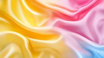 Vibrant silk fabric in yellow, pink, and blue waves, abstract background photo