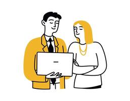 Man and woman using laptop, working on project. Business concept. Digital technology. isolated doodle illustration, simple style vector