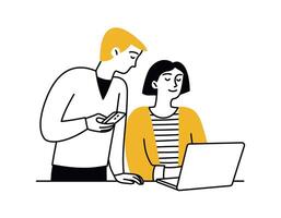Man and woman using laptop, working on project. Business concept. Digital technology. isolated doodle illustration, simple style, outline vector