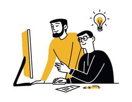 Two men using laptop, working on project. Concept of idea implementation. Digital technologies. isolated doodle illustration, simple style, outline vector