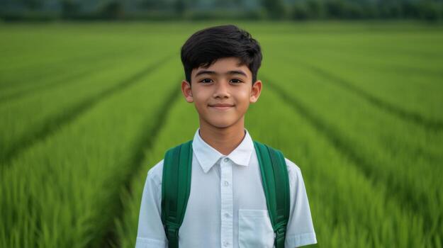 Smiling Boy in Uniform Posing in a Lush Green Field photo