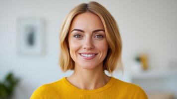 Smiling Woman Portrait in Yellow Sweater photo