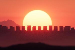 Ancient Fortress Silhouette at Sunset. Dramatic Ruins against a Fiery Sky. photo