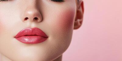 of a woman's face with beautiful makeup and red lips photo