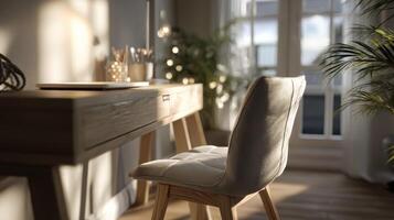 Elegant Home Office with Wooden Desk and Chair, Sunlight and Plants photo