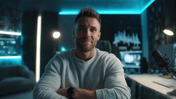 Smiling Man in a Modern Tech Studio photo