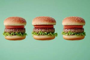 Three Floating Burgers on a Mint Green Background photo