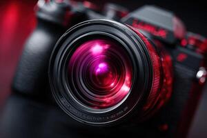 of a High Tech Camera Lens with Striking Red Hues photo