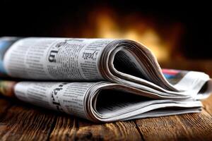 Stacked Newspapers on Wooden Table A View of Current Events 2 photo