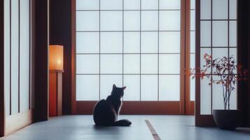 Serene Japanese Interior with a Cat and Autumnal Plant photo