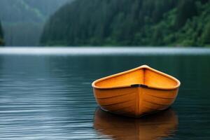 Tranquil Orange Canoe on a Serene Lake, Majestic Forest View photo