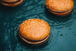 Floating Burger on Water A Delicious Food Photography photo