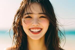 Radiant Smile of a Beautiful Woman by the Sea photo