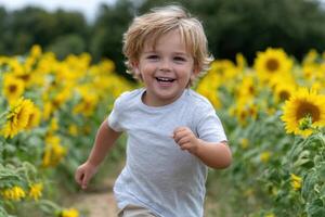 Joyful Child Running Through a Sunflower Field photo