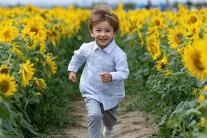 Joyful Child Running Through a Sunflower Field 2 photo