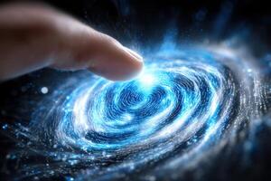 Fingertip Interacting with a Cosmic Spiral Galaxy photo