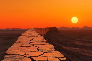 Arid Landscape Sunset Cracked Earth Path to the Horizon photo