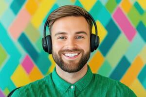 Smiling Man with Headphones in Front of Colorful Wall photo