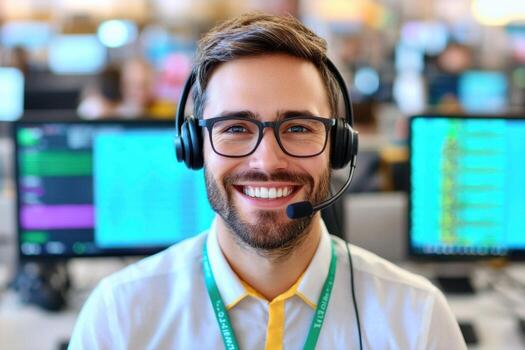 Smiling Customer Support Professional in Modern Office Setting photo