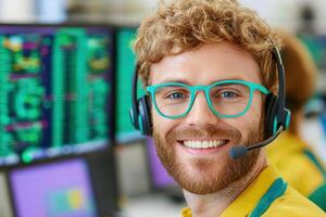 Smiling Customer Support Professional in Modern Office Environment photo