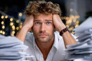 Overwhelmed Businessman Facing a Mountain of Documents photo