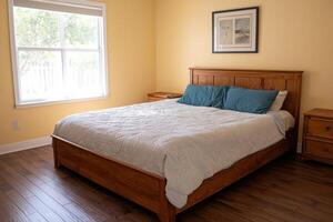A Serene Bedroom with a Wooden Bed and Natural Light photo