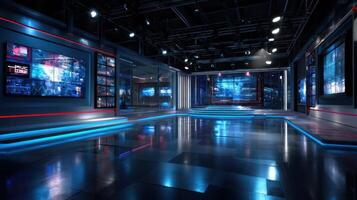 Modern Futuristic News Studio Design with Digital Screens photo