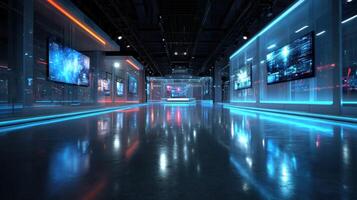 Futuristic Corridor with Glowing Screens and Neon Lights photo