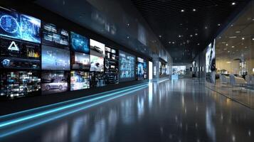 Futuristic Modern Building Corridor with Interactive Screens photo