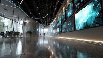 Sleek Futuristic Office Corridor with Interactive Screens photo