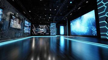 Futuristic Technology Exhibition Hall with Interactive Displays and Stunning Lighting photo