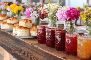Rustic Breakfast Table with Homemade Jam and Biscuits photo
