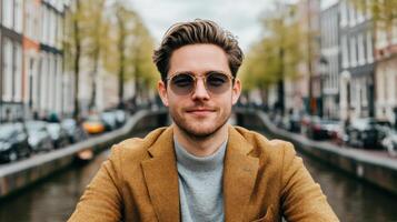 Stylish Man Posing in Amsterdam Canal Cityscape photo