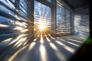 Sunlight Streams Through White Blinds, Illuminating a Room photo