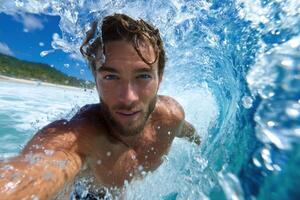 Man Surfs a Powerful Ocean Wave in a Stunning Beach Scene photo