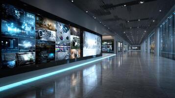 Modern Architectural Hallway with Digital Displays photo