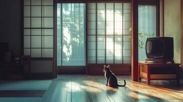 Tranquil Japanese Interior with a Cat and Retro TV photo