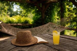 Summer Relaxation in the Garden with a Refreshing Drink and Book photo