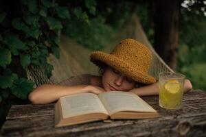 Relaxing Summer Reading in a Hammock with Lemonade photo