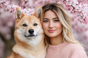 Woman and Dog in Springtime Embrace photo