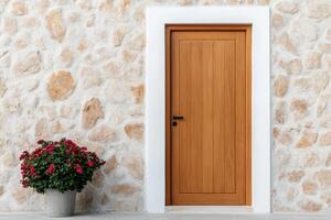 Rustic Wooden Doorway with Stone Wall photo